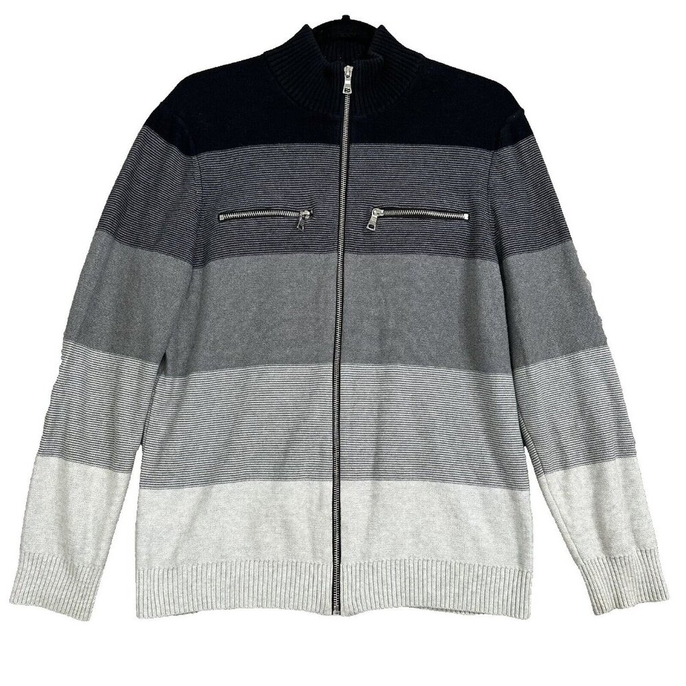 INC Men's Ombre Stripe Long Sleeve Zip Cotton Cardigan Sweater Size M Gray